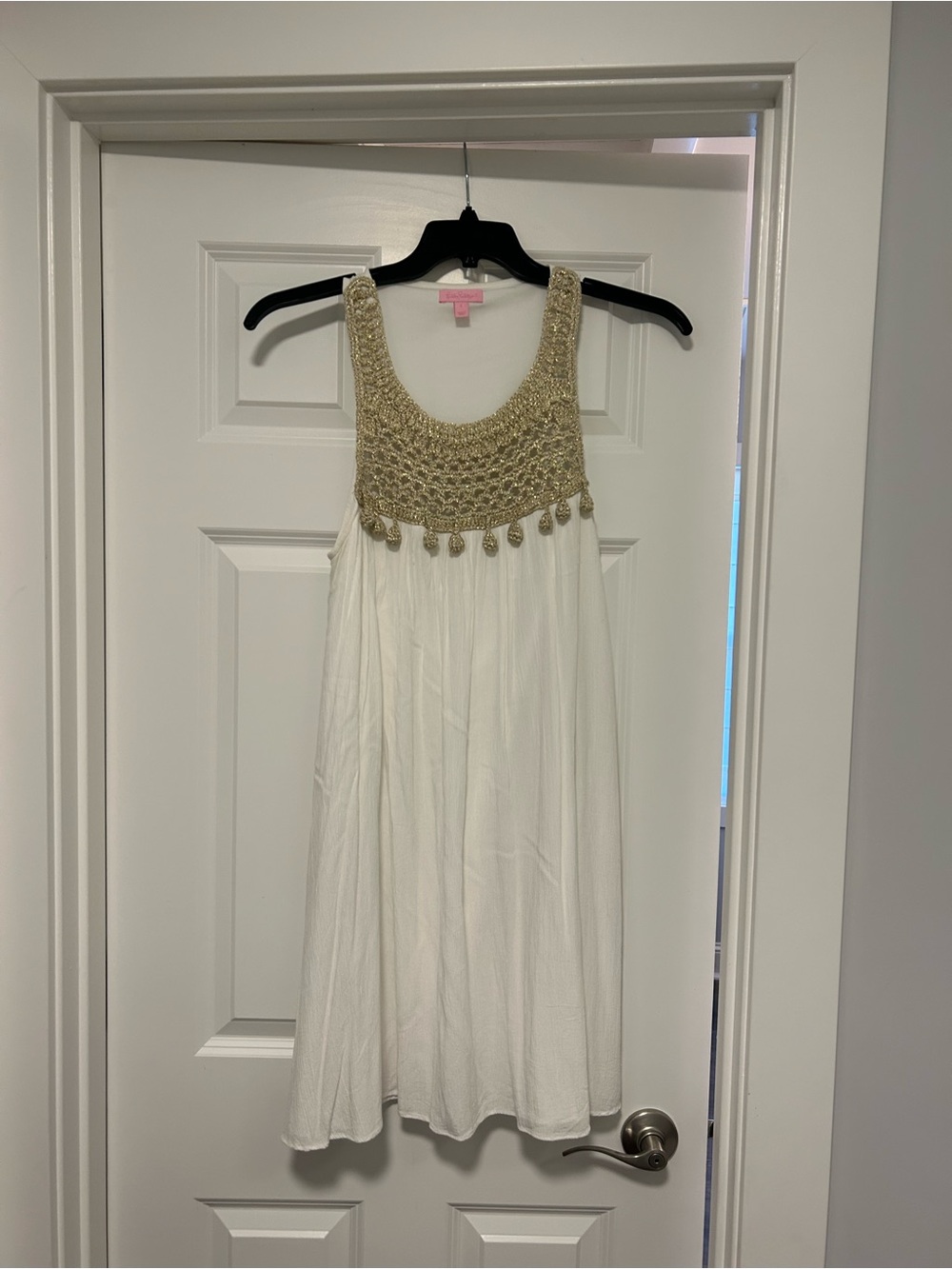 Lilly Pulitzer White Mini Dress with Gold Crochet Yoke